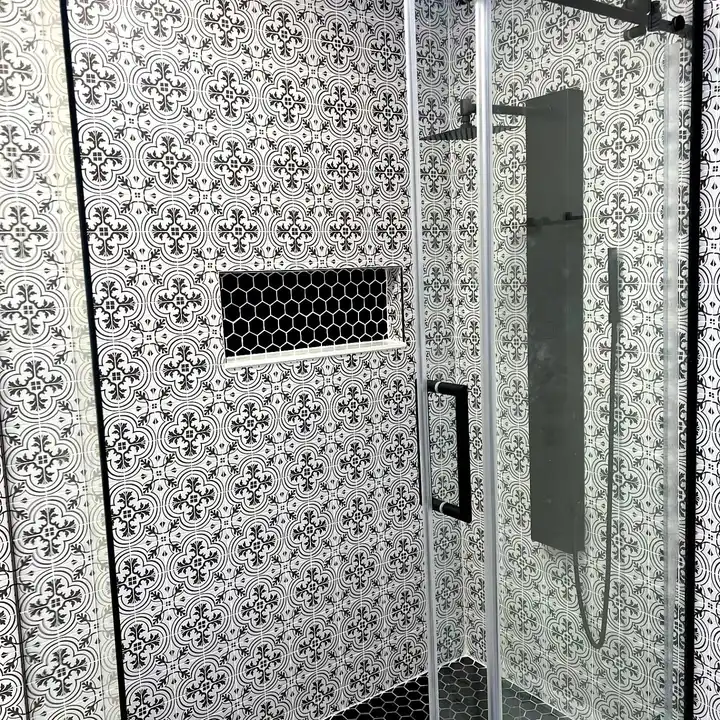 Patterned shower tile seen through the glass door, recessed niche in the wall